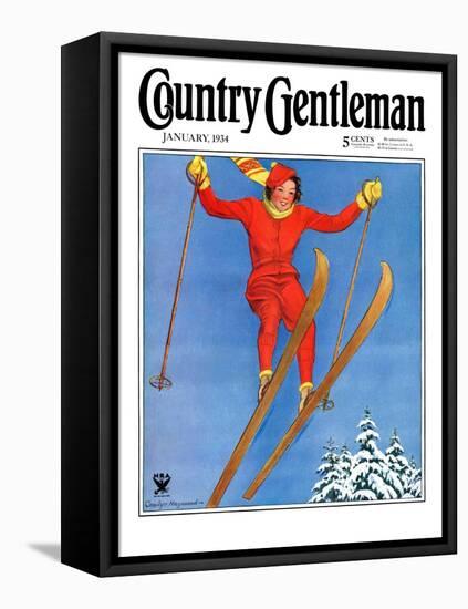 "Woman Ski Jumper," Country Gentleman Cover, January 1, 1934-Carolyn Haywood-Framed Premier Image Canvas