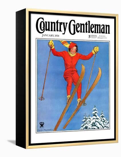 "Woman Ski Jumper," Country Gentleman Cover, January 1, 1934-Carolyn Haywood-Framed Premier Image Canvas