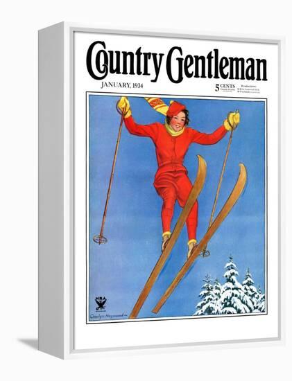 "Woman Ski Jumper," Country Gentleman Cover, January 1, 1934-Carolyn Haywood-Framed Premier Image Canvas