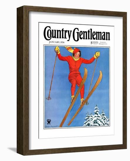 "Woman Ski Jumper," Country Gentleman Cover, January 1, 1934-Carolyn Haywood-Framed Giclee Print