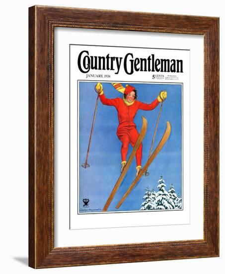 "Woman Ski Jumper," Country Gentleman Cover, January 1, 1934-Carolyn Haywood-Framed Giclee Print