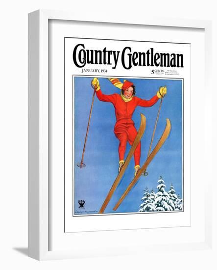 "Woman Ski Jumper," Country Gentleman Cover, January 1, 1934-Carolyn Haywood-Framed Giclee Print