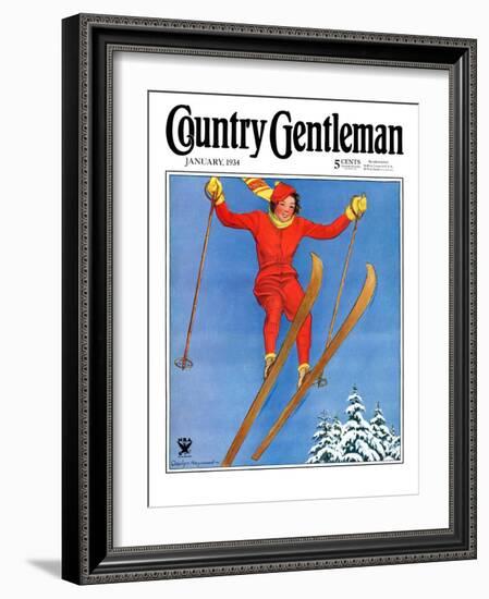 "Woman Ski Jumper," Country Gentleman Cover, January 1, 1934-Carolyn Haywood-Framed Giclee Print