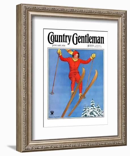 "Woman Ski Jumper," Country Gentleman Cover, January 1, 1934-Carolyn Haywood-Framed Giclee Print