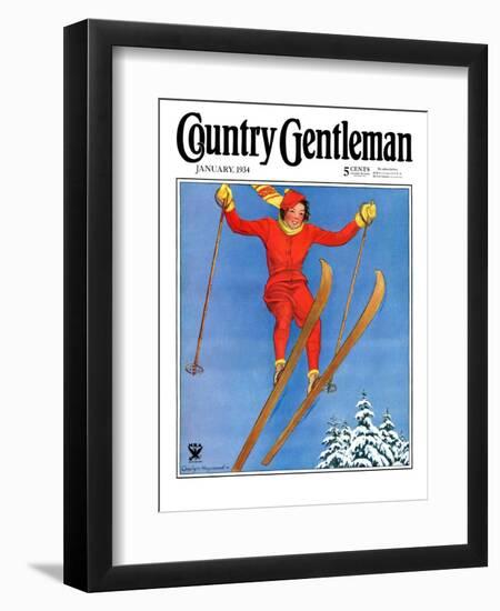 "Woman Ski Jumper," Country Gentleman Cover, January 1, 1934-Carolyn Haywood-Framed Giclee Print