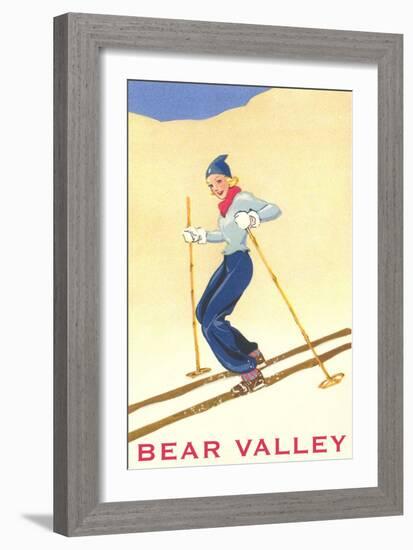 Woman Skiing Down Hill, Bear Valley-null-Framed Art Print