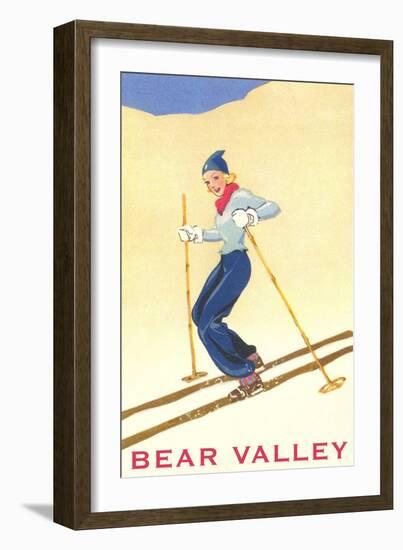 Woman Skiing Down Hill, Bear Valley-null-Framed Art Print