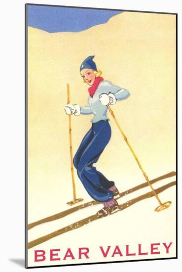 Woman Skiing Down Hill, Bear Valley-null-Mounted Art Print