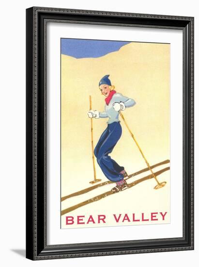 Woman Skiing Down Hill, Bear Valley-null-Framed Art Print