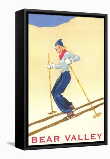 Woman Skiing Down Hill, Bear Valley-null-Framed Stretched Canvas