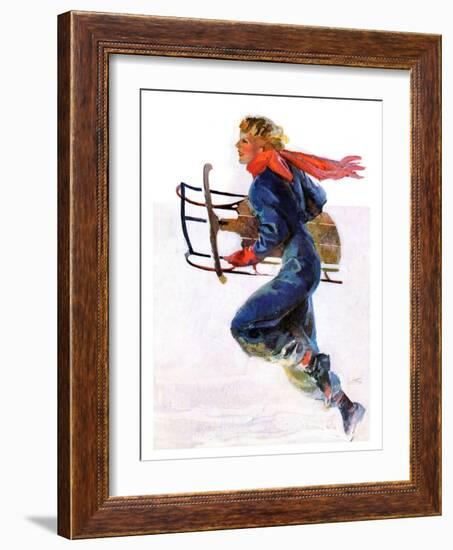 "Woman Sledder,"January 19, 1935-John LaGatta-Framed Giclee Print