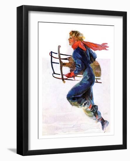 "Woman Sledder,"January 19, 1935-John LaGatta-Framed Giclee Print