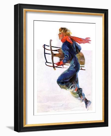 "Woman Sledder,"January 19, 1935-John LaGatta-Framed Giclee Print