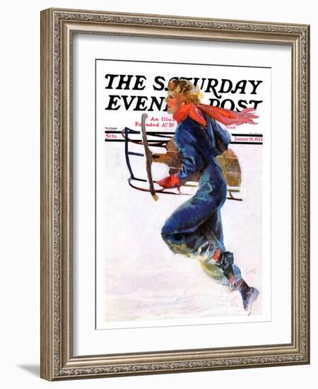 "Woman Sledder," Saturday Evening Post Cover, January 19, 1935-John LaGatta-Framed Giclee Print