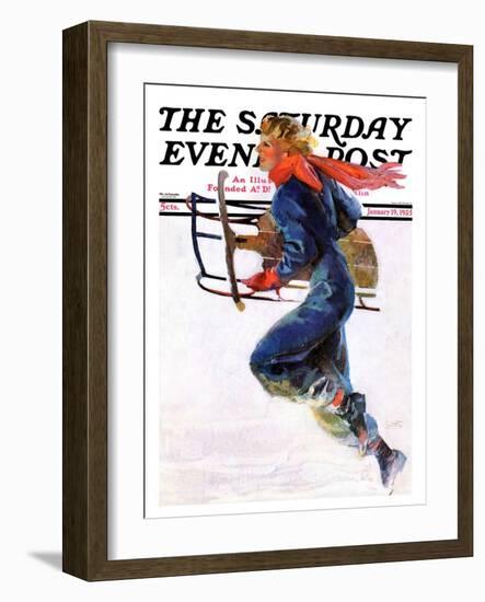 "Woman Sledder," Saturday Evening Post Cover, January 19, 1935-John LaGatta-Framed Giclee Print