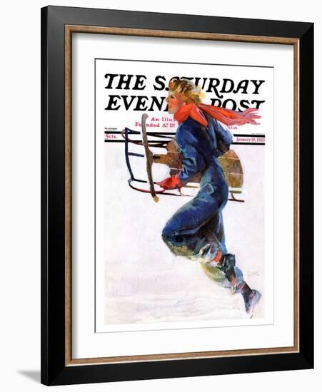 "Woman Sledder," Saturday Evening Post Cover, January 19, 1935-John LaGatta-Framed Giclee Print