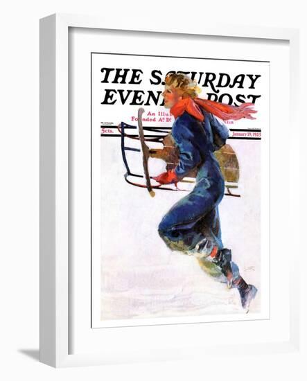 "Woman Sledder," Saturday Evening Post Cover, January 19, 1935-John LaGatta-Framed Giclee Print