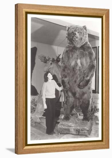 Woman Standing by Large Stufffed Bear-null-Framed Stretched Canvas