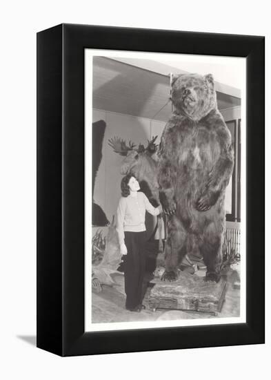 Woman Standing by Large Stufffed Bear-null-Framed Stretched Canvas