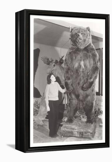 Woman Standing by Large Stufffed Bear-null-Framed Stretched Canvas