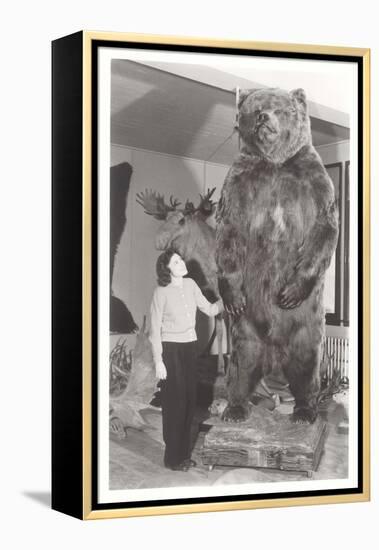 Woman Standing by Large Stufffed Bear-null-Framed Stretched Canvas