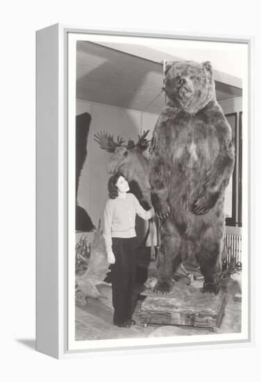 Woman Standing by Large Stufffed Bear-null-Framed Stretched Canvas