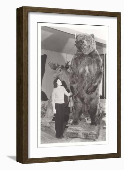 Woman Standing by Large Stufffed Bear-null-Framed Premium Giclee Print