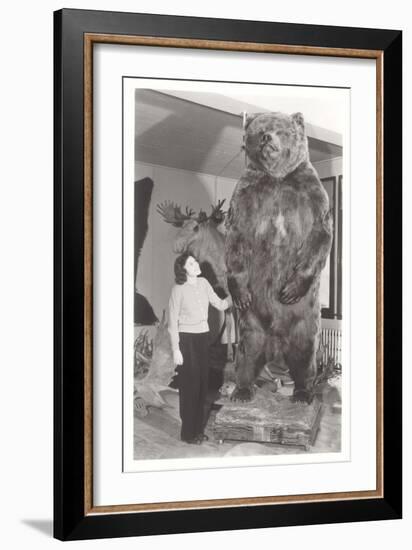 Woman Standing by Large Stufffed Bear-null-Framed Premium Giclee Print