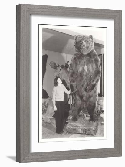 Woman Standing by Large Stufffed Bear-null-Framed Art Print