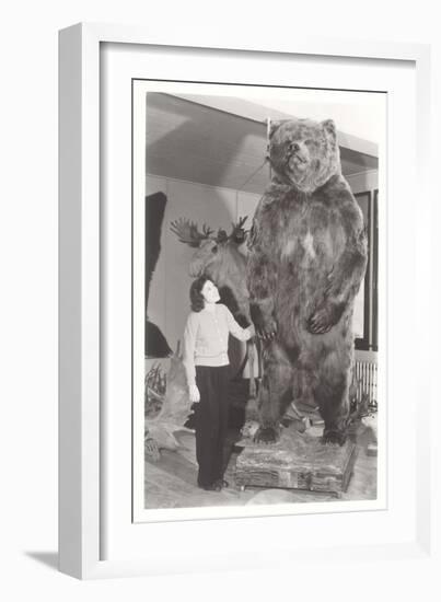 Woman Standing by Large Stufffed Bear-null-Framed Art Print