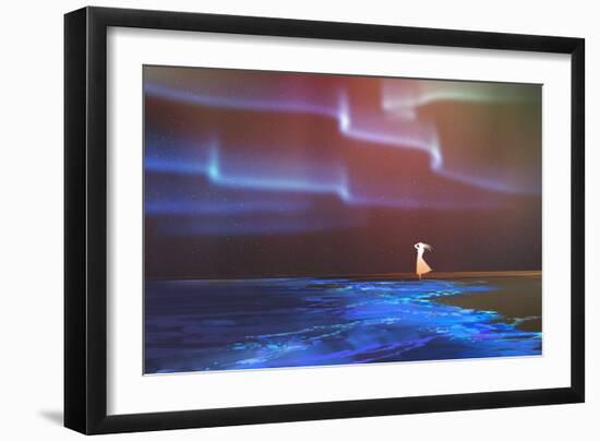 Woman Standing on Beach Glows with Northern Lights Aurora Borealis Above,Illustration Painting-Tithi Luadthong-Framed Art Print