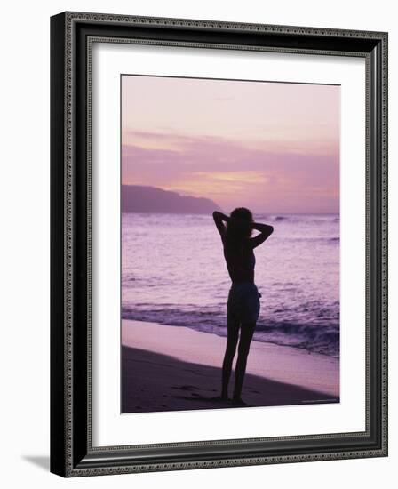 Woman Standing on Beach in Silhouette-Bill Romerhaus-Framed Photographic Print