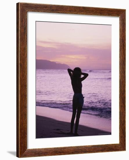 Woman Standing on Beach in Silhouette-Bill Romerhaus-Framed Photographic Print