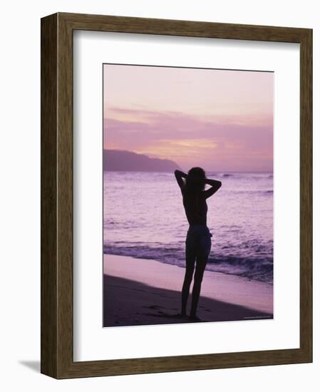 Woman Standing on Beach in Silhouette-Bill Romerhaus-Framed Photographic Print