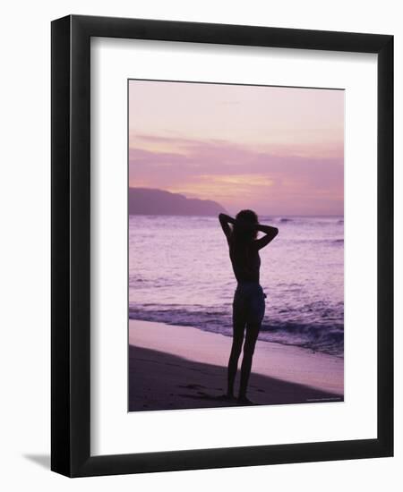 Woman Standing on Beach in Silhouette-Bill Romerhaus-Framed Photographic Print