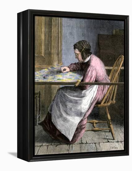 Woman Stitching a Patchwork Quilt, 1800s-null-Framed Premier Image Canvas