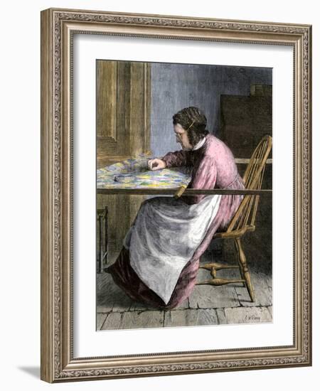 Woman Stitching a Patchwork Quilt, 1800s-null-Framed Giclee Print