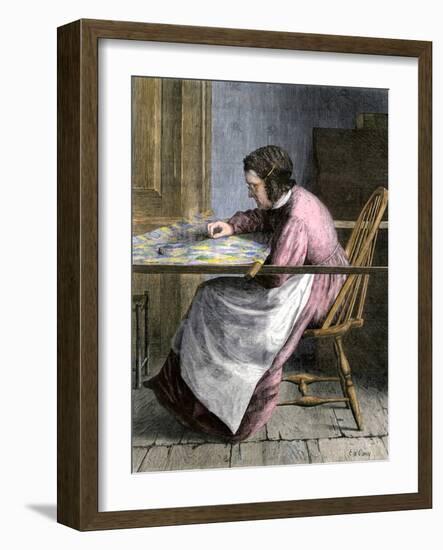 Woman Stitching a Patchwork Quilt, 1800s-null-Framed Giclee Print