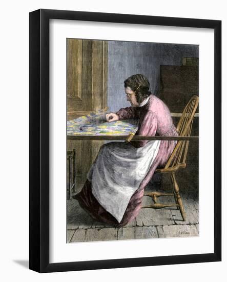 Woman Stitching a Patchwork Quilt, 1800s-null-Framed Giclee Print