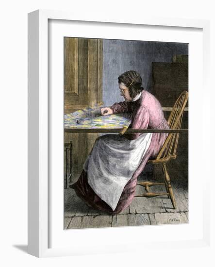 Woman Stitching a Patchwork Quilt, 1800s-null-Framed Giclee Print