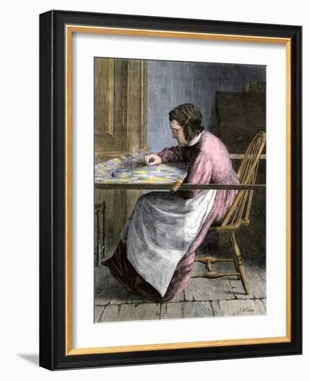 Woman Stitching a Patchwork Quilt, 1800s-null-Framed Giclee Print