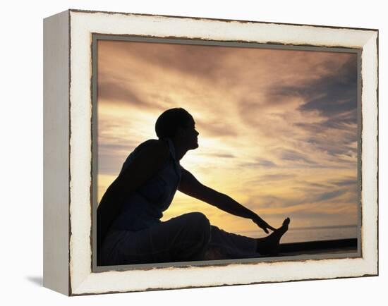 Woman Stretching by Sea, Ari Atoll, White Sands Island-Angelo Cavalli-Framed Premier Image Canvas