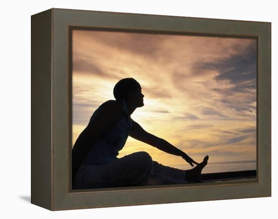 Woman Stretching by Sea, Ari Atoll, White Sands Island-Angelo Cavalli-Framed Premier Image Canvas