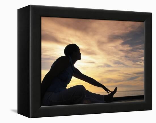 Woman Stretching by Sea, Ari Atoll, White Sands Island-Angelo Cavalli-Framed Premier Image Canvas