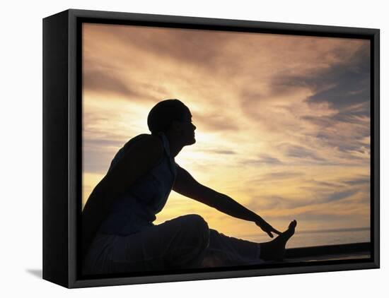 Woman Stretching by Sea, Ari Atoll, White Sands Island-Angelo Cavalli-Framed Premier Image Canvas