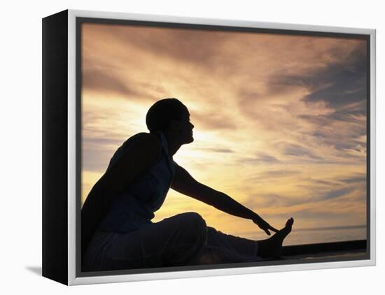 Woman Stretching by Sea, Ari Atoll, White Sands Island-Angelo Cavalli-Framed Premier Image Canvas