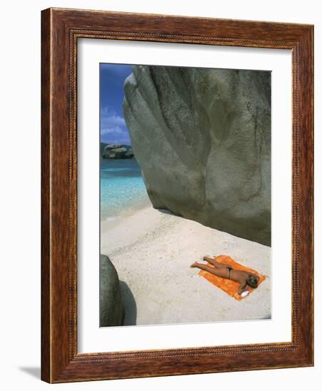 Woman Sunbathing on Beach Beween Rocks, Coco Island, Praslin, Seychelles, Indian Ocean, Africa-Bruno Barbier-Framed Photographic Print