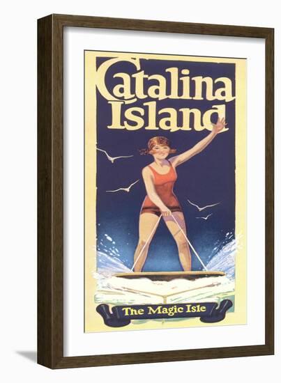 Woman Surfing on Catalina Island-null-Framed Art Print