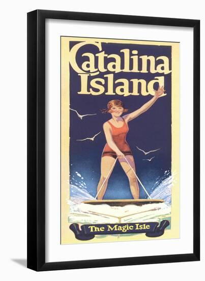 Woman Surfing on Catalina Island-null-Framed Art Print