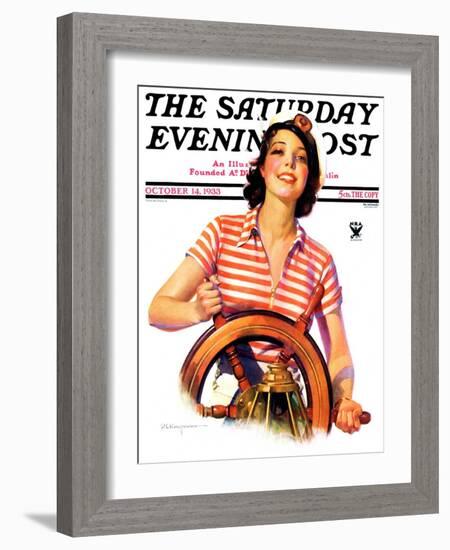 "Woman Takes the Wheel," Saturday Evening Post Cover, October 14, 1933-Robert C. Kauffmann-Framed Giclee Print